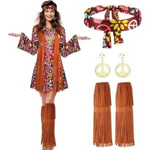 70s 60s Hippie Costume Set Outfit with Accessories Disco Dress Halloween X-LARGE